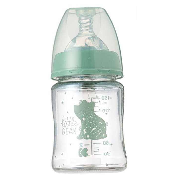 Biberon din sticla cu tetina din silicon anti-colici, pentru bebelusi nou nascut si peste, 150ml, verde, design ursulet, 0% BPA