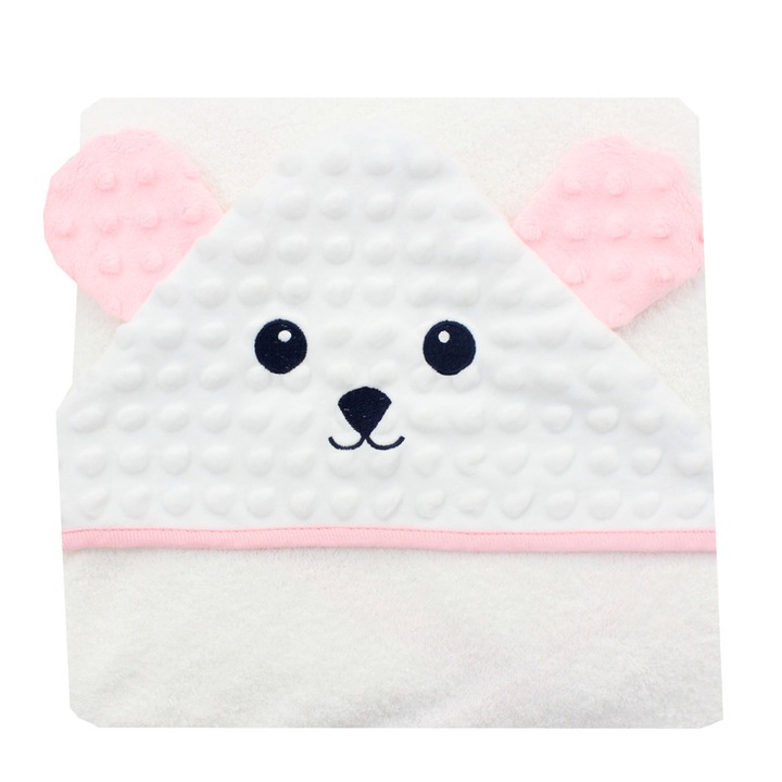 Prosop cu gluga, bumbac, alb, Ursulet roz deschis, 80 x 100 cm