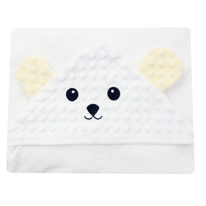 Prosop cu gluga, bumbac, alb, Ursulet galben, 80 x 100 cm