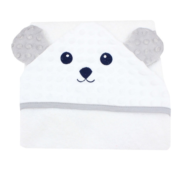 Prosop cu gluga, bumbac, alb, Ursulet gri, 80 x 100 cm