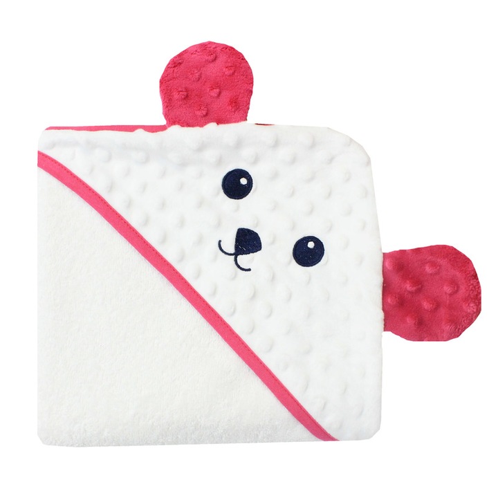 Prosop cu gluga, bumbac, alb, Ursulet roz, 80 x 100 cm