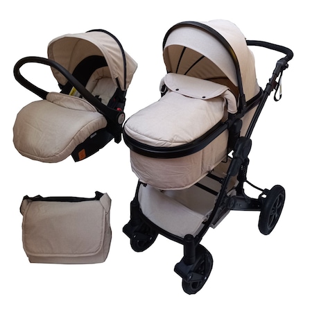 Carucior 3 in 1 cu suspensii, BabyDary, Landoul Reversibil, Bej, 0 - 36 luni
