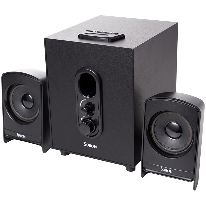 Boxe Spacer 2.1, RMS: 20W (2 x 5W + 10W), subwoofer lemn MDF, USB/FM/RCA, Negru