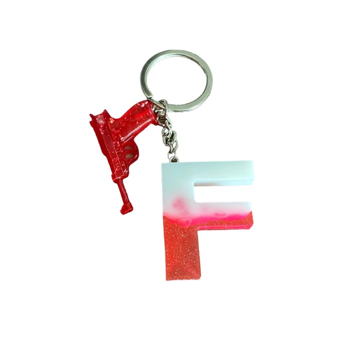 Breloc Gentelo cu initiala F Glitter Red-White, design 3D, lungime 4 cm