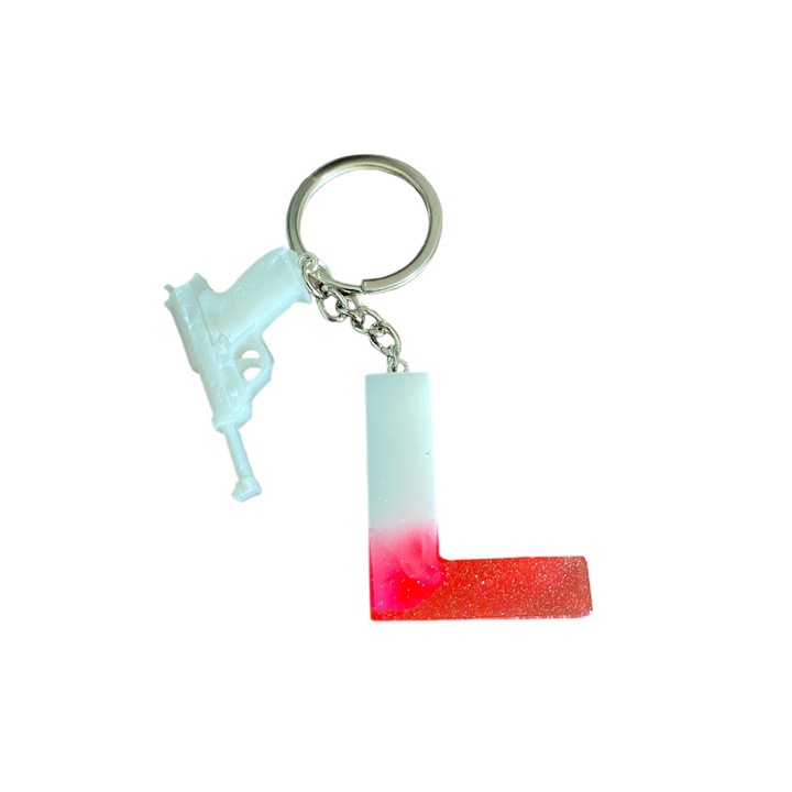 Breloc Gentelo cu initiala L Glitter Red-White, design 3D, lungime 4 cm