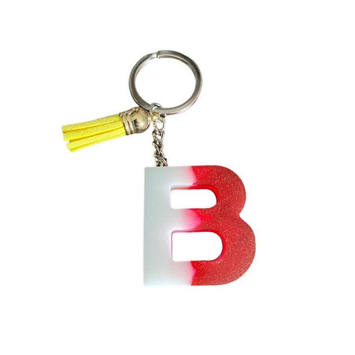 Breloc Gentelo cu initiala B Glitter Red-White, design 3D, lungime 4 cm