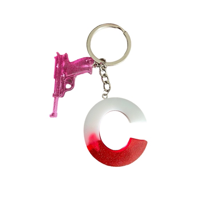 Breloc Gentelo cu initiala C Glitter Red-White, design 3D, lungime 4 cm