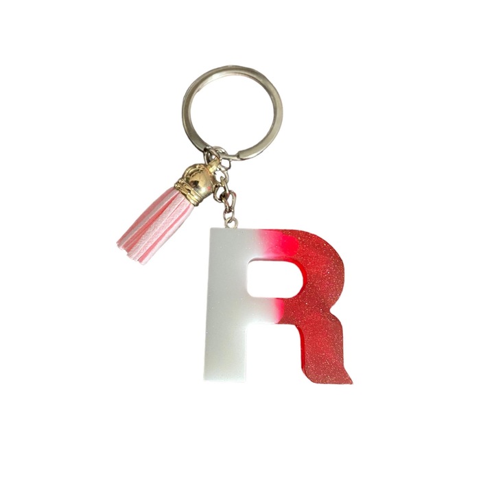 Breloc Gentelo cu initiala R Glitter Red-White, design 3D, lungime 4 cm