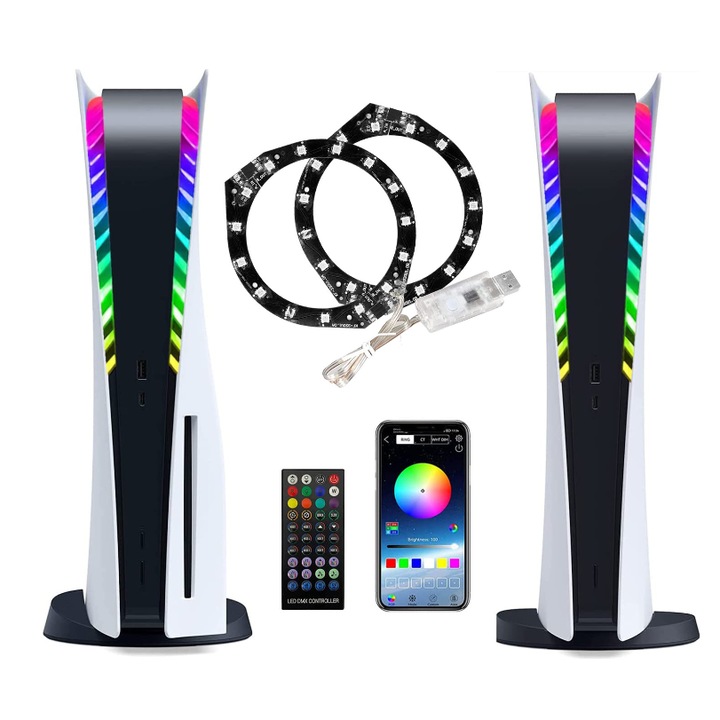Banda LED RGB Pentru Console PS5, Smart, Aplicatie Telefon, Telecomanda, 8 culori, 400 Moduri Luminoase, Control Muzical