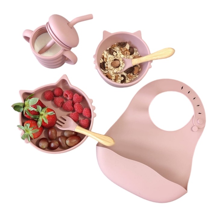 Силиконов комплект за хранене за бебета и деца, Malvys®, лигавник, чиния с вендуза, купа с вендуза, лъжица и вилица, чаша за закуски, идеална за разнообразяване без алергени, бледо розово