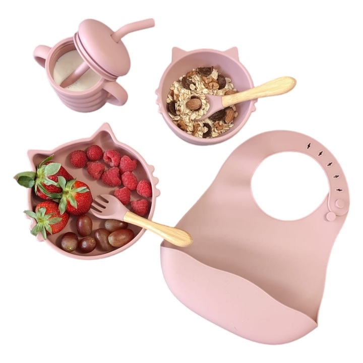 Set hranire bebelusi si copii din silicon, Malvys®, baveta, farfurie cu ventuza, bol cu ventuza, lingurita si furculita, cana pentru gustari, ideal pentru diversificare fara alergeni, roz pal