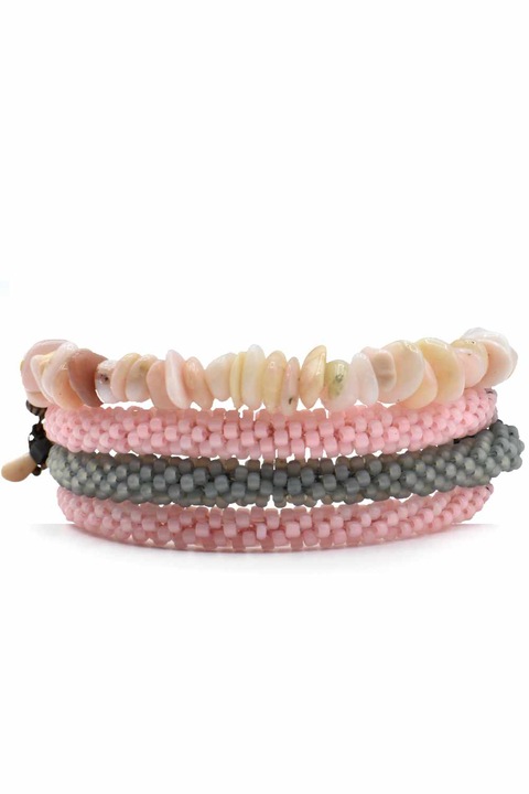 Bratara TRIO Handmade, realizata cu margele toho si pietre semipretioase, Roz si Gri, Alma’s Boutique, lungime bratara 19 cm + 1.5 cm