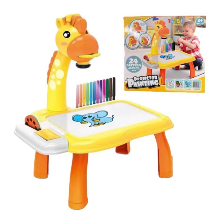 Образователна играчка тип дъска, маса за рисуване с проектор, с холограма, 3 диска с 24 шаблона и 12 детски играчки, Модел жълт жираф