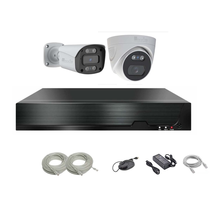 Пълен комплект за видеонаблюдение ENVIO IP POE с 2 пълноцветни 4K 8MP камери PESS-KIT2CH1BFM60H8001DFM70H800S-WM