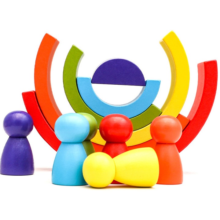 Jucarie educativa din lemn pentru copii, Montessori, Curcubeu si Cilindrii, 12 piese, E-Toy, 3 ani+
