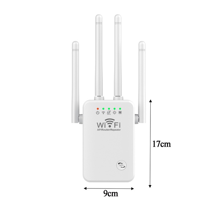 Amplificator Semnal Wireless, Darklove, Range Extender Retea WiFi, Cu 4 Antene, Retea 2.4 Hz, Transfer 300 Mbps, Conexiune WPA, WPA2 si WEP9, Plug and Play, 3 moduri -AP/Router/Repeater, ABS/PC, Alb