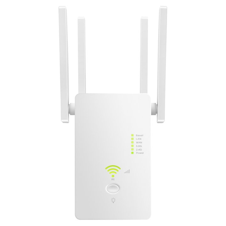 Усилвател на безжичен сигнал SDLOGAL, Range Extender, WiFi мрежа, 1200Mbps, 5G и 2.4G мрежа, 4 антени, LAN слот, Бял