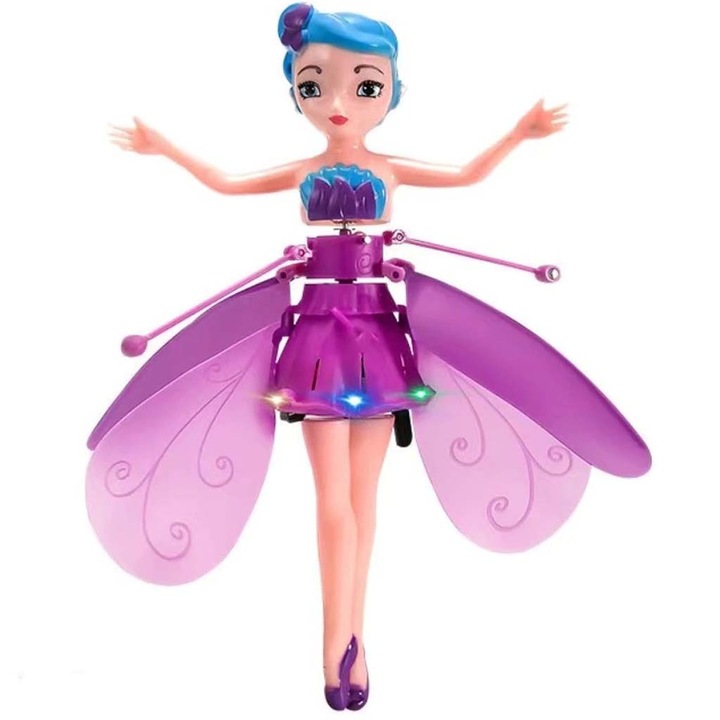 Летяща кукла Пикси, с крила, USB, ABS, 6 години+, лилава, Dalimag