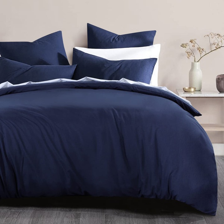 Спално бельо, памук ранфорс, бяло семпло синьо, 2 лица, 70X70, 220 x 200