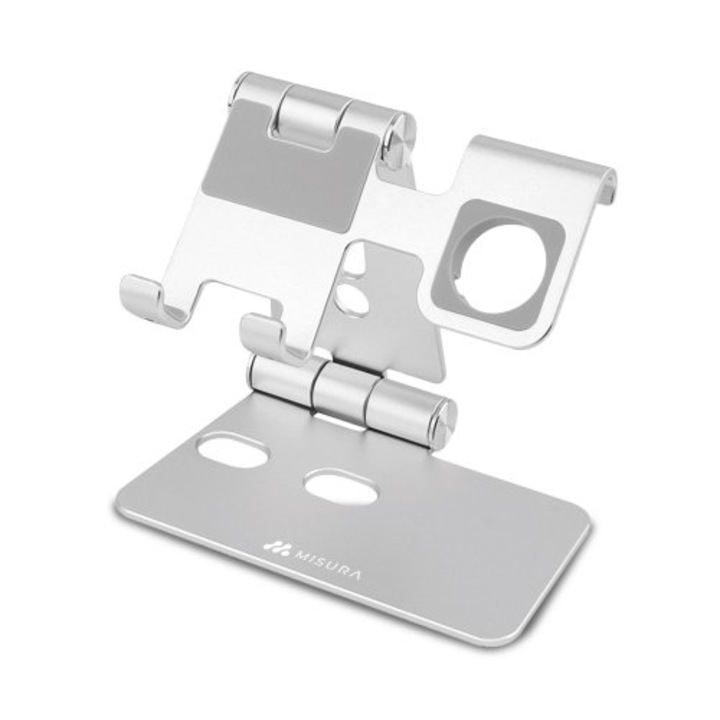 Suport stand pentru telefon/ceas, Misura, Antiaderent, Ergonomic, Aluminiu, Argintiu