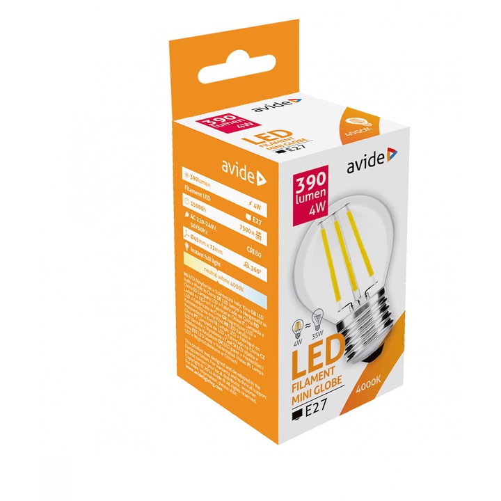 Bec Avide LED Filament Mini Globe 4W E27 4000K lumina neutra