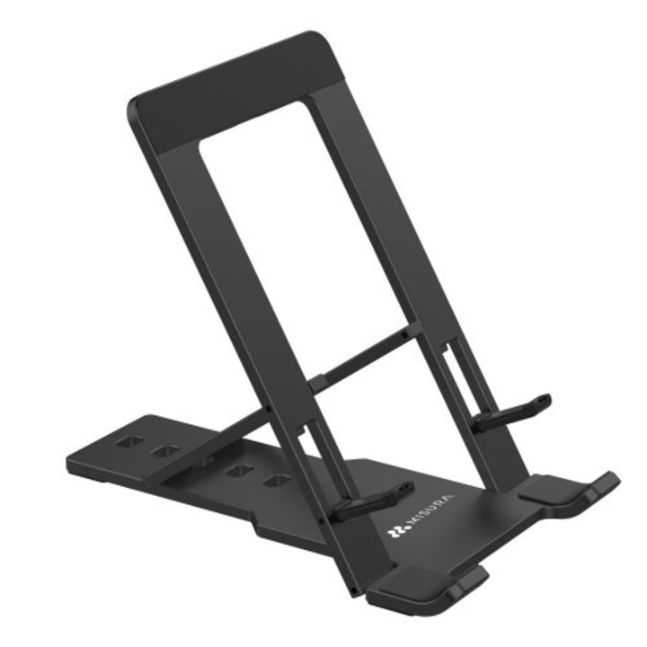 Suport ergonomic pentru telefon ME22, Misura, Antiaderent, Aluminiu/Silicon, Negru