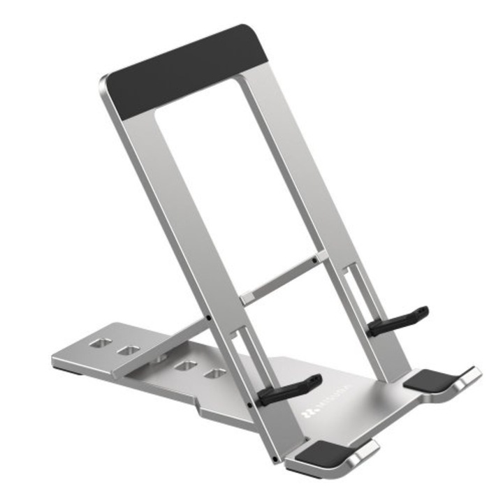 Suport ergonomic telefon/tableta, Misura, Antiderapant, Aluminiu/Silicon, Gri/Negru