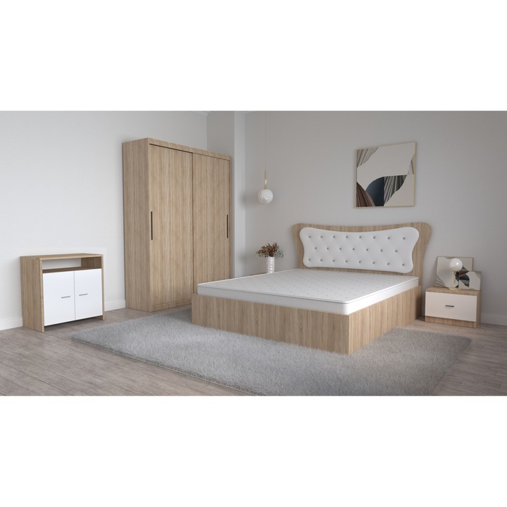 Set Dormitor Dante Sonoma Alb, Pat Matrimonial 160 cm x 200 cm si Noptiere 48 cm X 32 cm X 35 cm si Dulap usi Glisante fara Oglinda 150 cm x 200 cm x 61 cm si Comoda Lorena 67 cm x 40,5 cm x 72 cm
