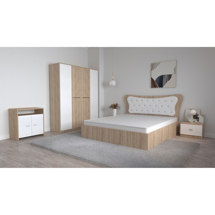 Set Dormitor Dante Sonoma Alb, Pat Matrimonial 160 cm x 200 cm si Noptiere 48 cm X 32 cm X 35 cm si Dulap Lorena 4 usi 164 cm x 192 cm x 48 cm si Comoda Lorena 67 cm x 40,5 cm x 72 cm