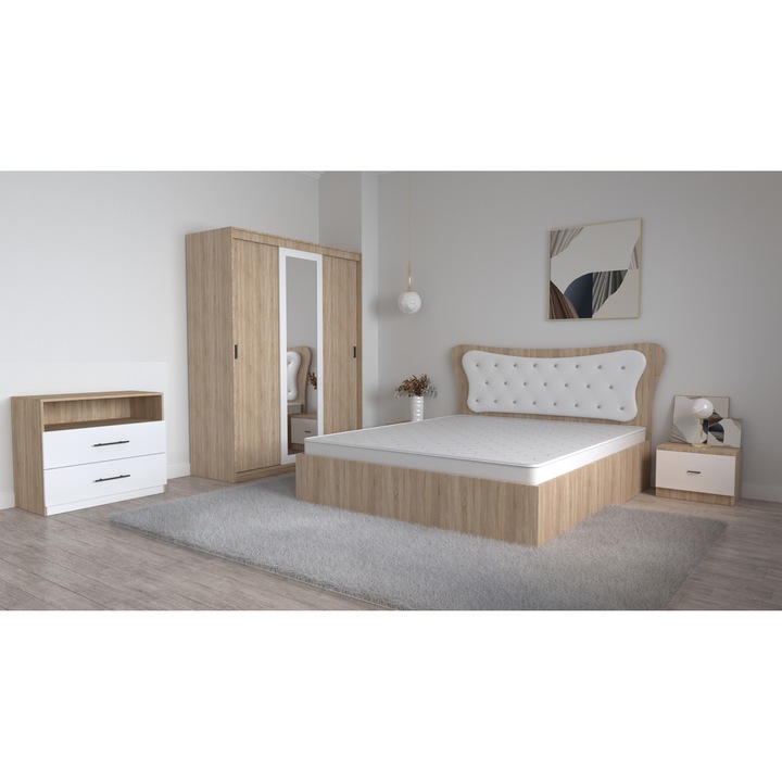 Set Dormitor Dante Sonoma Alb, Pat Matrimonial 160 cm x 200 cm si Noptiere 48 cm X 32 cm X 35 cm si Dulap Royal Usi Glisante cu Oglinda 150 cm x 200 cm x 61 cm si Comoda Tv Royal 83 cm x 42,3 cm x 71,7 cm