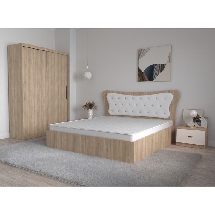 Set Dormitor Dante2 Sonoma Alb, Pat Matrimonial 160 cm x 200 cm si Noptiere 48 cm X 32 cm X 35 cm si Dulap usi Glisante fara Oglinda 150 cm x 200 cm x 61 cm