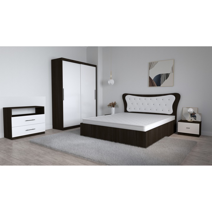 Set Dormitor Dante Magia Alb, Pat Matrimonial 160 cm x 200 cm si Noptiere 48 cm X 32 cm X 35 cm si Dulap usi Glisante fara Oglinda 150 cm x 200 cm x 61 cm si Comoda Tv Royal 83 cm x 42,3 cm x 71,7 cm