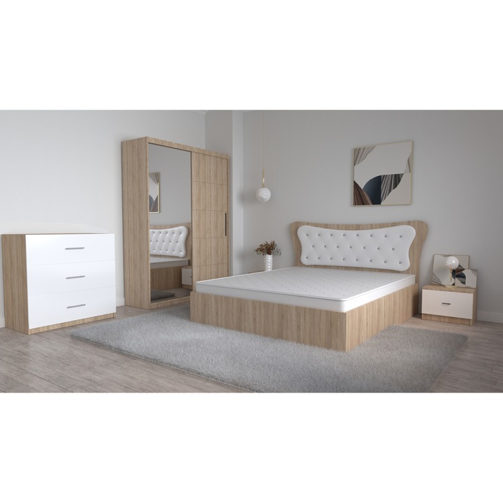 Set Dormitor Dante Sonoma Alb, Pat Matrimonial 160 cm x 200 cm si Noptiere 48 cm X 32 cm X 35 cm si Dulap usi Glisante cu Oglinda tv 150 cm x 200 cm x 61 cm si Comoda TV 3 sertare 90 cm x 80 cm x 43 cm