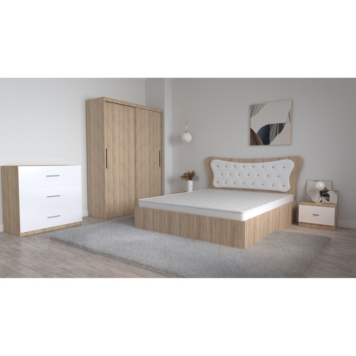 Set Dormitor Dante Sonoma Alb, Pat Matrimonial 160 cm x 200 cm si Noptiere 48 cm X 32 cm X 35 cm si Dulap usi Glisante fara Oglinda 150 cm x 200 cm x 61 cm si Comoda TV 3 sertare 90 cm x 80 cm x 43 cm