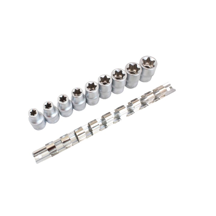 Set chei tubulare, E10-E24, 1/2" tip torx, 9 piese, Asta