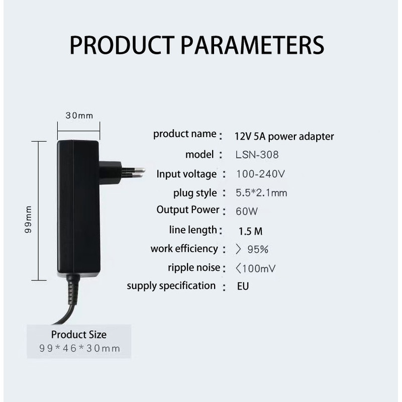Захранващ адаптер, Вход AC 100V-240V 50/60Hz, Изход DC 12V/5A, 60W ...