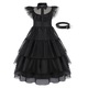 Rochie Carnaval Cosplay Wednesday Addams pentru copii, Party Chili®, Poliester, Negru, 3-4 ani, 110 cm