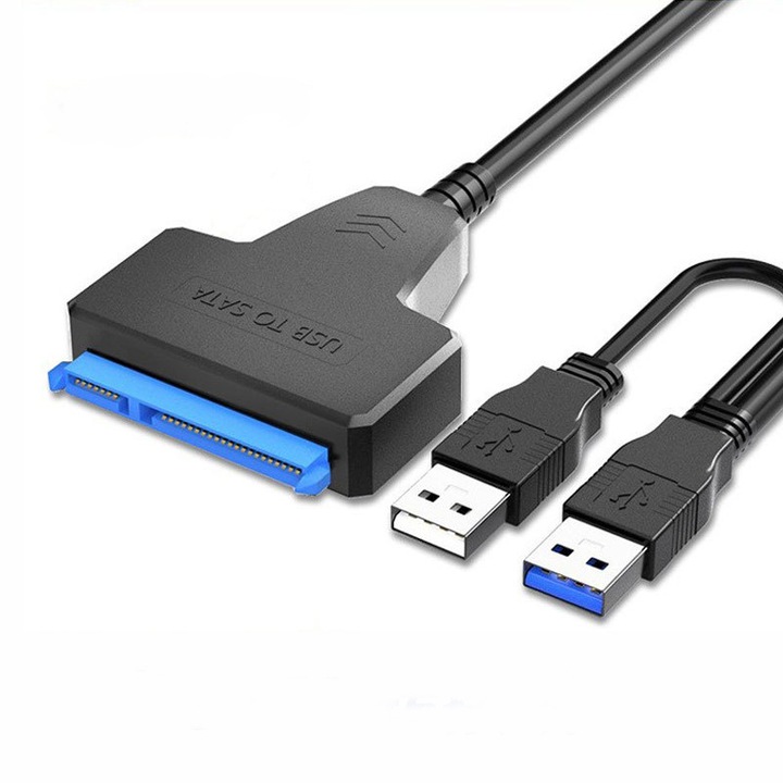 Adaptor USB 3.0 la SATA, Pentru HDD/SSD, 2 USB Plug and play, Port de alimentare independent, 30cm, KINSI, Negru
