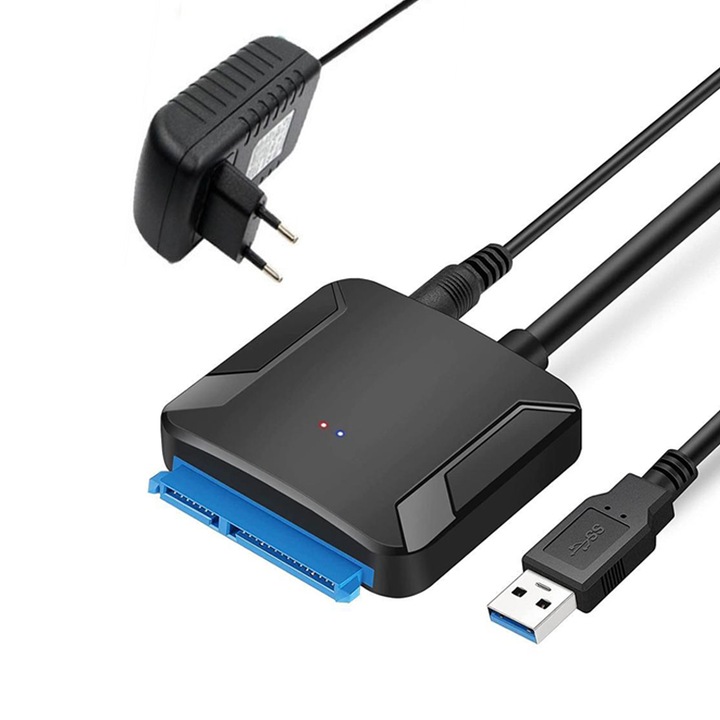 Adaptor USB 3.0 la SATA, pentru HDD/SSD 2.5/3.5 inch, plug and play, cu sursa de alimentare, 45cm, NAXSIR, negru