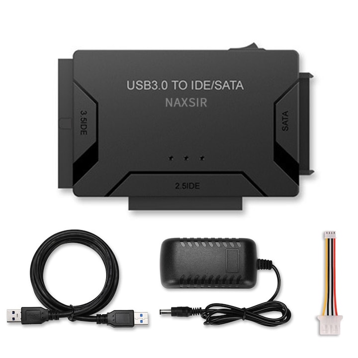 Adaptor USB 3.0 la SATA/IDE 2.5/3.5 inch, 3 in 1, plug and play, cu sursa de alimentare, NAXSIR, negru