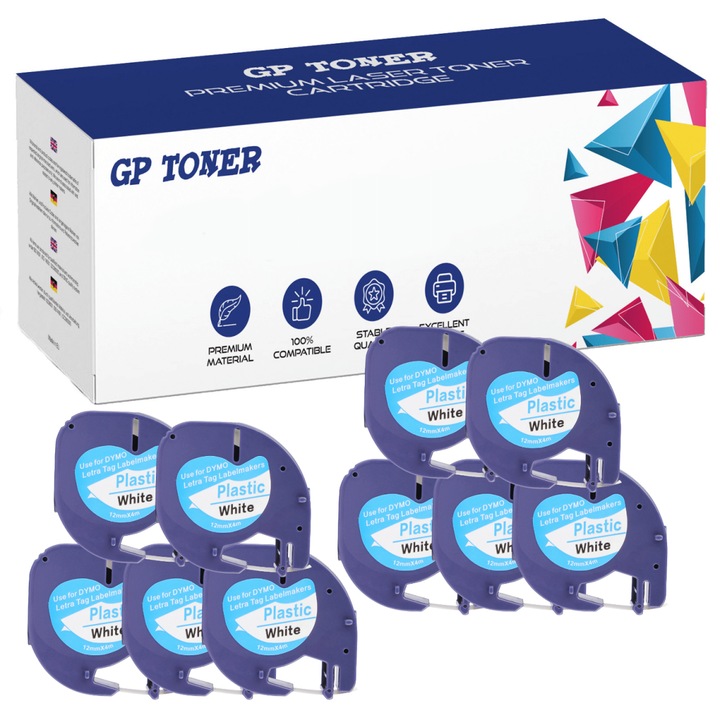 10 db Dymo LetraTag 59422 szalag 12mm x 4m fehér műanyag készlet - csere, GP TONER