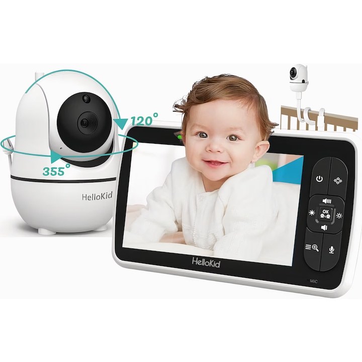 Baby Monitor Wireless HelloKid™ SE 3.5” NightVision, Pan/Tilt 355°, Zoom 2X, Mod VOX, Video/Audio, Comunicare Bidirectionala, Senzor Temperatura, Notificari, Cantece, Raza 300M, Alb