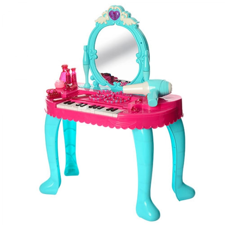 Masuta de toaleta pentru copii, Cu pian si accesorii, Roz/Albastru