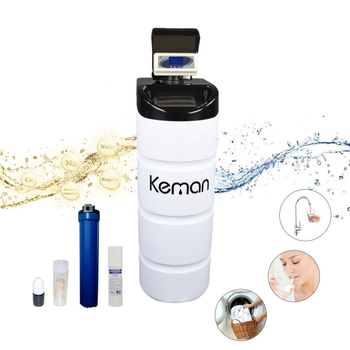 Dedurizator apa KEMAN- KY 25L, 4-7 persoane, volumetric, solutie anticalcar pentru intreaga casa, reduce duritatea apei de la 55°dH, Ima Concept® aparat dedurizator apa compact, Filtru sediment+Tester Duritate inclus, 108x49x32cm, Alb