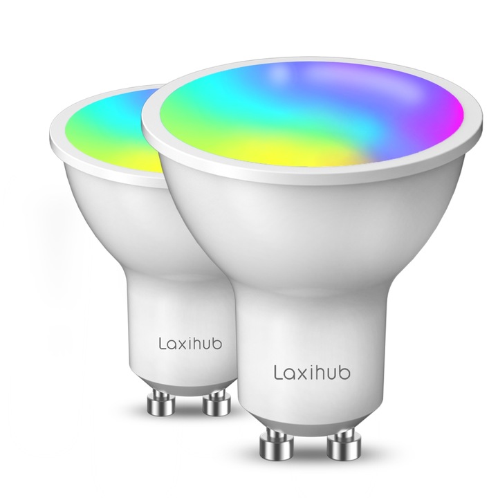 Крушки Laxihub, Съвместими с Alexa/Google Home, smart, GU10, Wifi, RGB, 5W, Клас F, Бели, Комплект от 2
