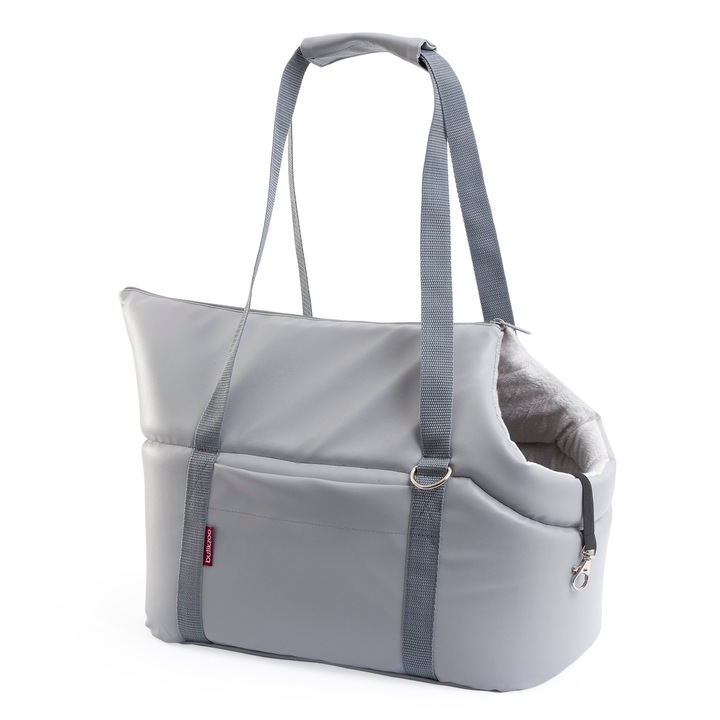 Geanta de transport pentru animale de companie, caini si pisici, L 42x29x33 cm, imitatie de piele gri
