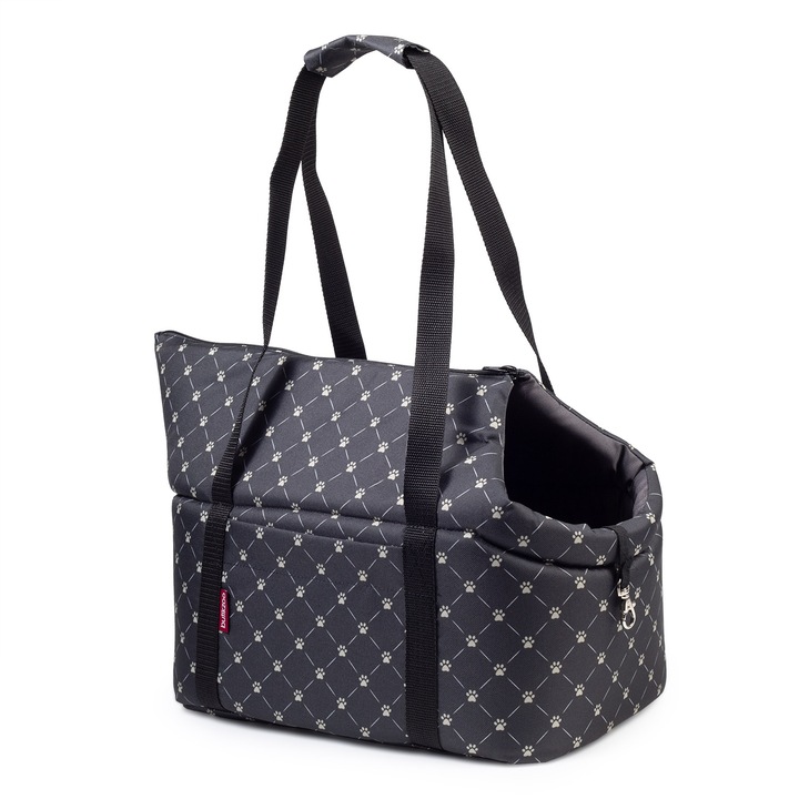 Geanta de transport pentru animale de companie, caini si pisici, L 42x29x33 cm, negru cu labe