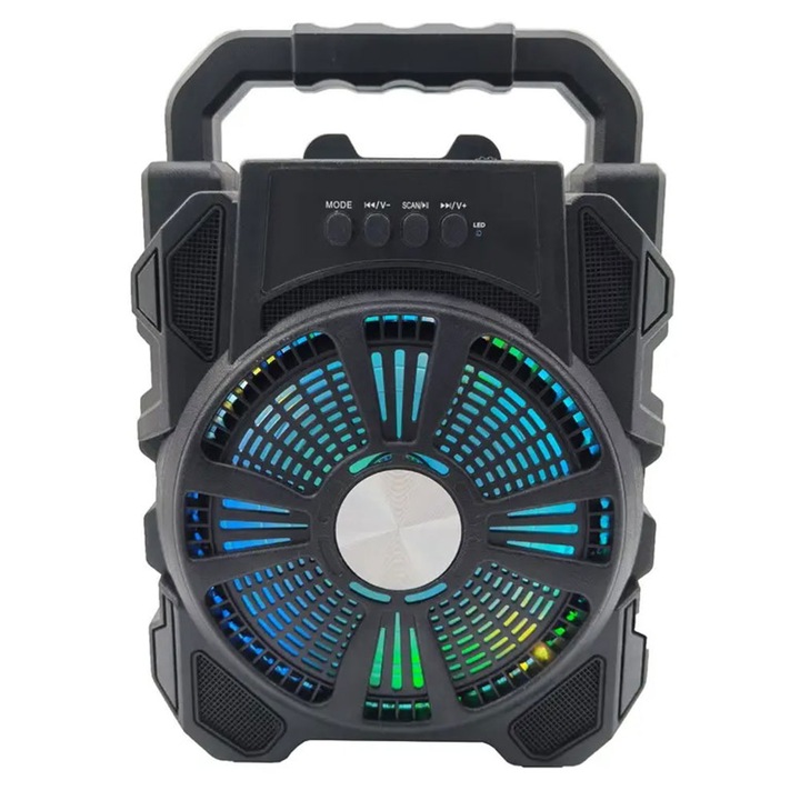 Преносим високоговорител HF2170 SIKS, стерео, 5V, USB, батерия, режим FM радио, слот за TF карта, съвместим с микрофон, LED светлини, черен