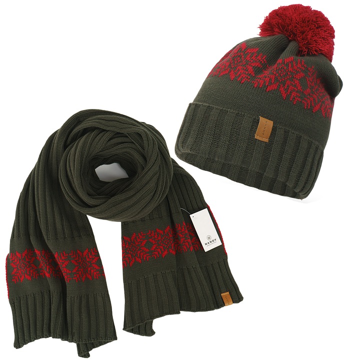 Set caciula si esarfa de iarna, norvegian, Unisex, Nandy, Verde inchis-Rosu