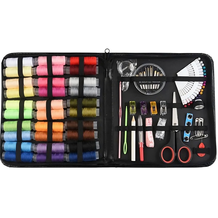Trusa de croitorie cu ace pentru cusut, papiote diverse culori, foarfece si alte accesorii, 112 piese
